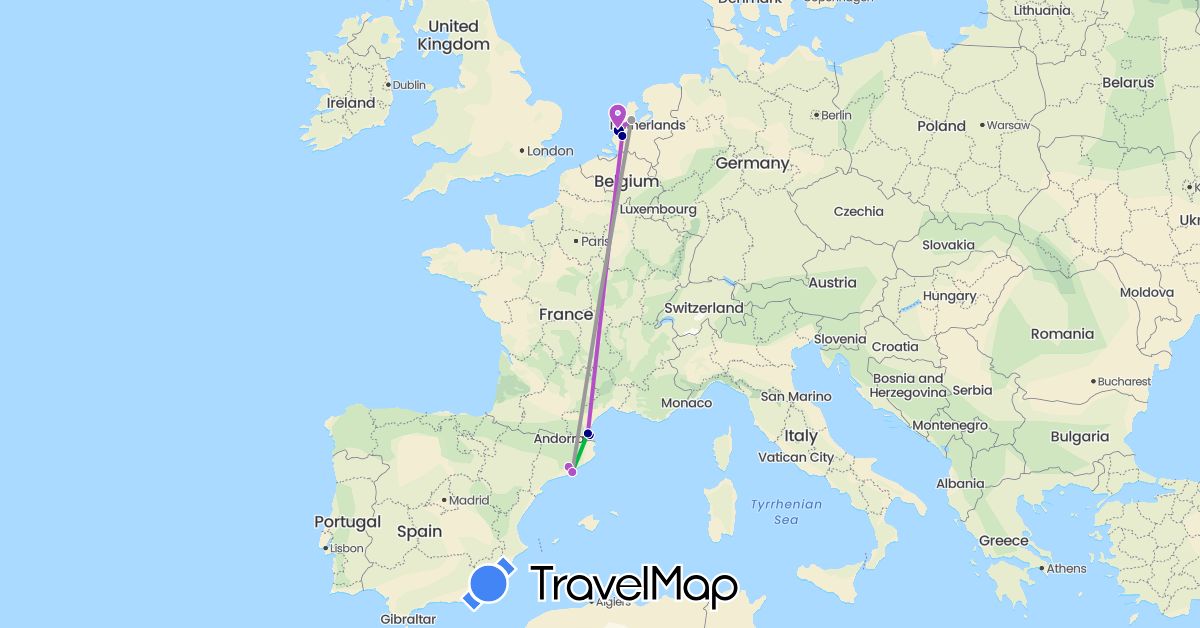 TravelMap itinerary: driving, bus, plane, train in Spain, France, Netherlands (Europe)
